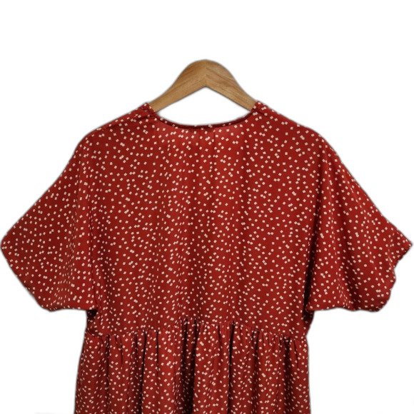 Jodifl Dress Medium Red Polka Dot Button Front V Neck Short Sleeve Pockets Boho - Picture 4 of 11